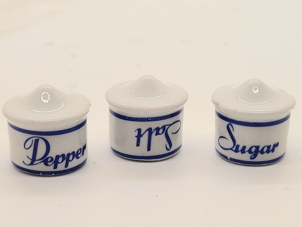Dollhouse Miniature ~ Salt, Pepper, and Sugar Porcelain Jars - Does Not Open