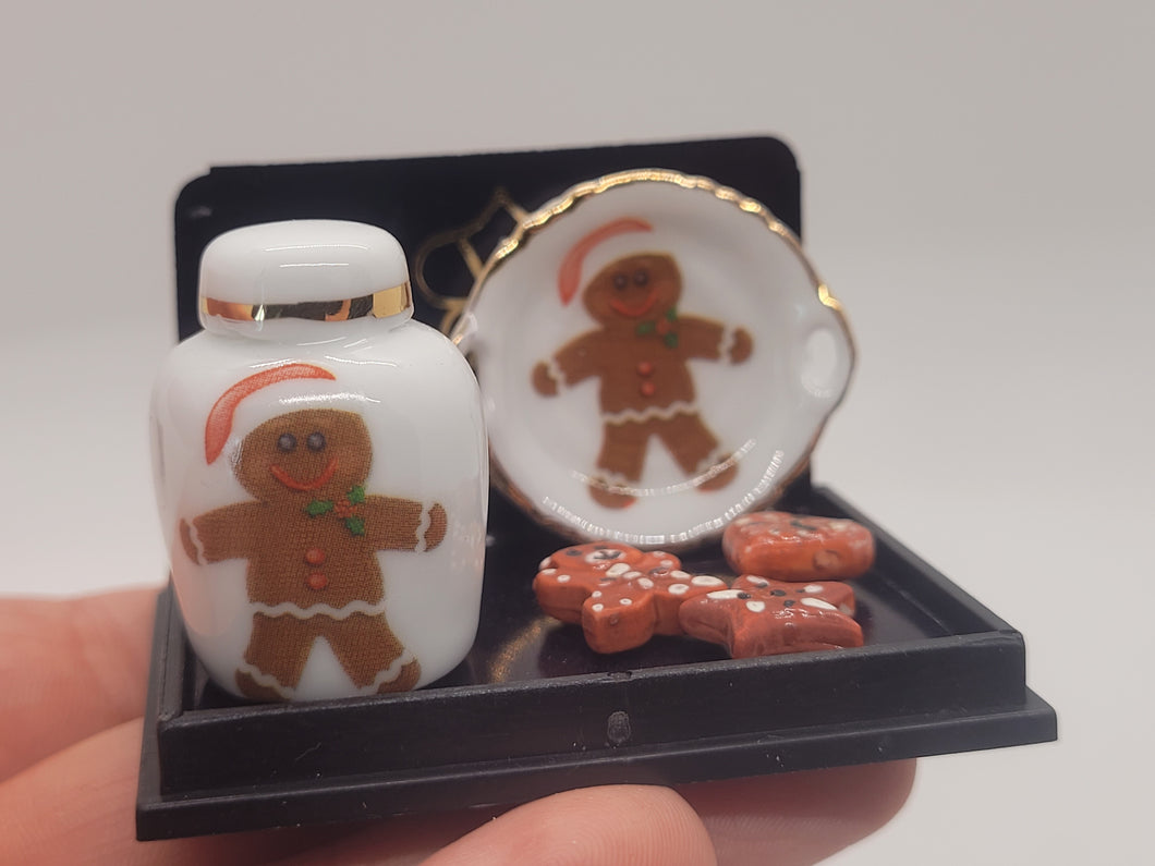 Dollhouse Miniature ~ Gingerbread Man Plate and Jar, with 3 Cookies - by Reutter Porcelain