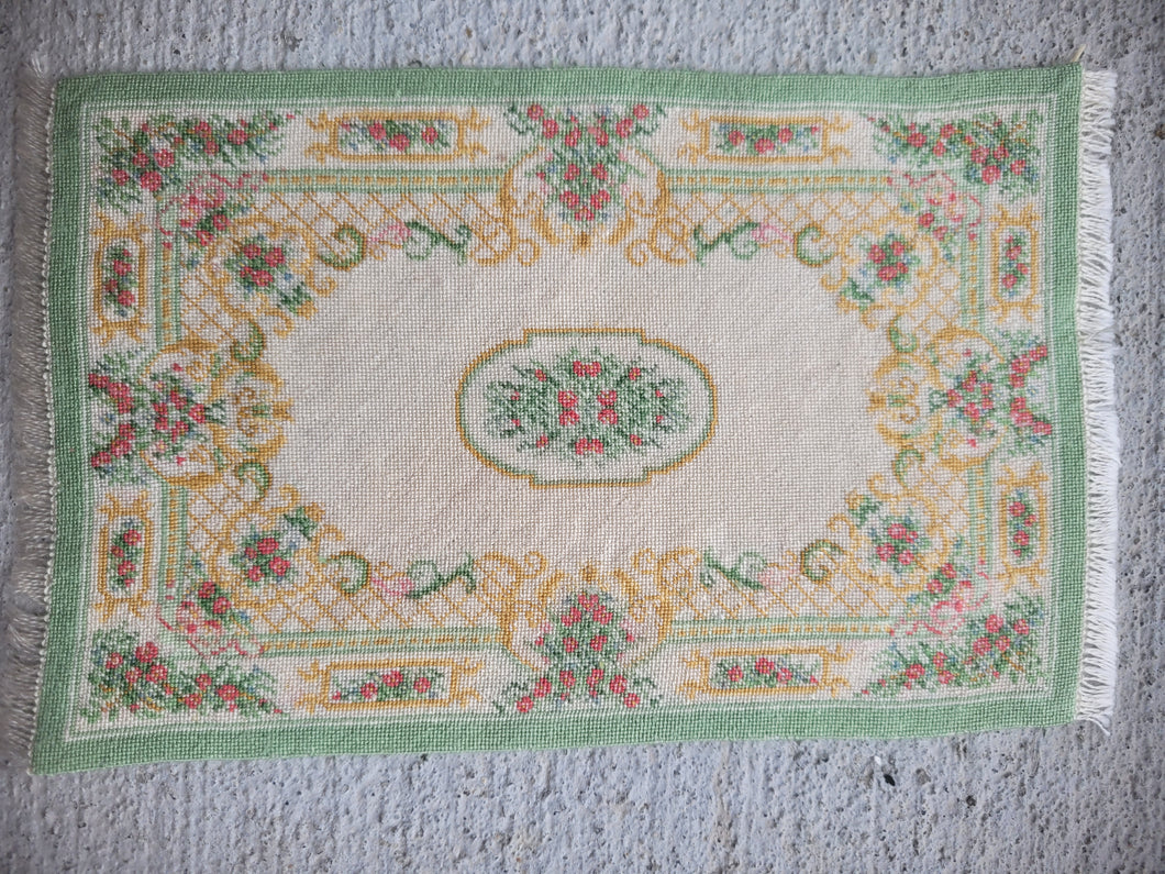 Dollhouse Miniature ~ Petit Point Classic Vintage Faded Green and Floral Medallion Center Rug - Ursula Sauerberg