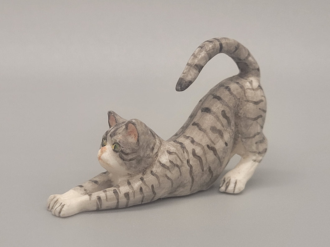 Resin Grey Tabby Cat Stretching Position