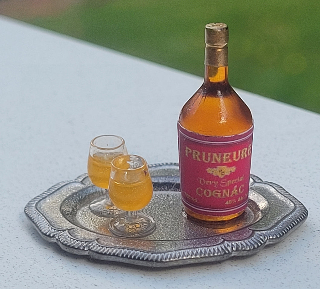 Cognac and Glasses on Metal Platter