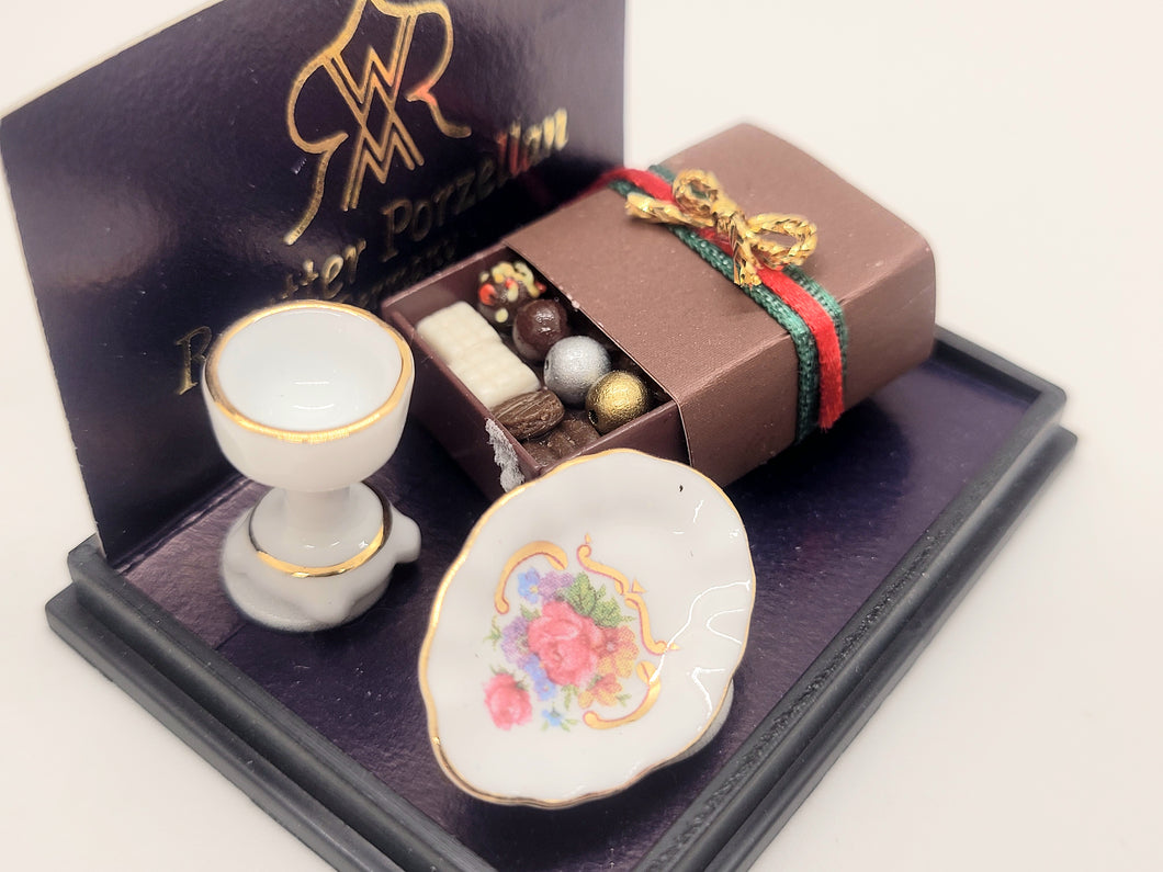 Dollhouse Miniature ~ 1:12 Scale, Box of Chocolates, Cup, and Plate by Reutter Porcelain
