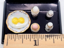 Load image into Gallery viewer, Dollhouse Miniature ~ 1:12 Scale, Fried Eggs, 2 Eggs in Egg Dish, and Salt &amp; Pepper by Reutter Porcelain
