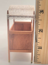 Load image into Gallery viewer, Dollhouse Miniature ~ 1:24 Scale, Crib on Wheels with Lace Canopy - Signed &#39;Godfrey&#39;
