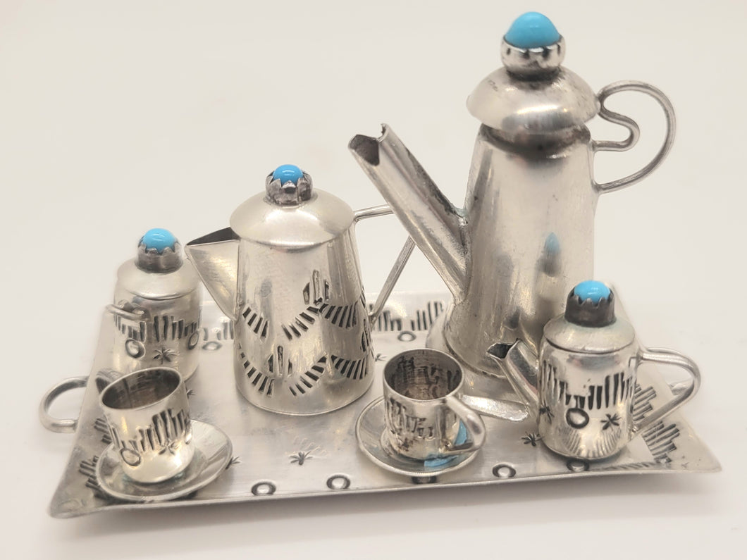 Dollhouse Miniature ~ 1:12 Scale, 7pc Mexican Silver and Turquoise Tea Set