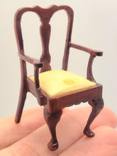 Load image into Gallery viewer, Dollhouse Miniature ~ 1:24 Scale, Mahogany Chair with Yellow Seat – Stain on Fabric
