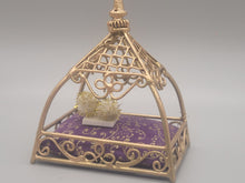 Load image into Gallery viewer, Gold Painted Metal Cat Bed with Ornate Purple Cushion

