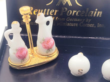 Load image into Gallery viewer, Dollhouse Miniature ~ Reutter Porcelain - 3pc Set Oil &amp; Vinegar Pitchers with Salt &amp; Pepper Shakers
