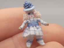 Load image into Gallery viewer, ¾&quot; Blonde Doll in Blue Plaid Dress and Hat – by Cheryl Warder
