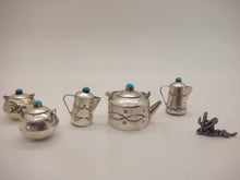 Load image into Gallery viewer, Dollhouse Miniature ~ 1:12 Scale, 6pc Sterling Silver w/ Mexican Turquoise Detailing Set + Silver Cowboy Statue
