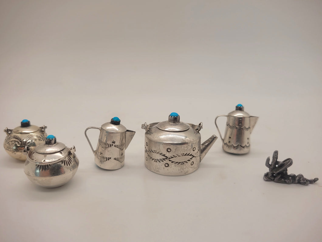 Dollhouse Miniature ~ 1:12 Scale, 6pc Sterling Silver w/ Mexican Turquoise Detailing Set + Silver Cowboy Statue