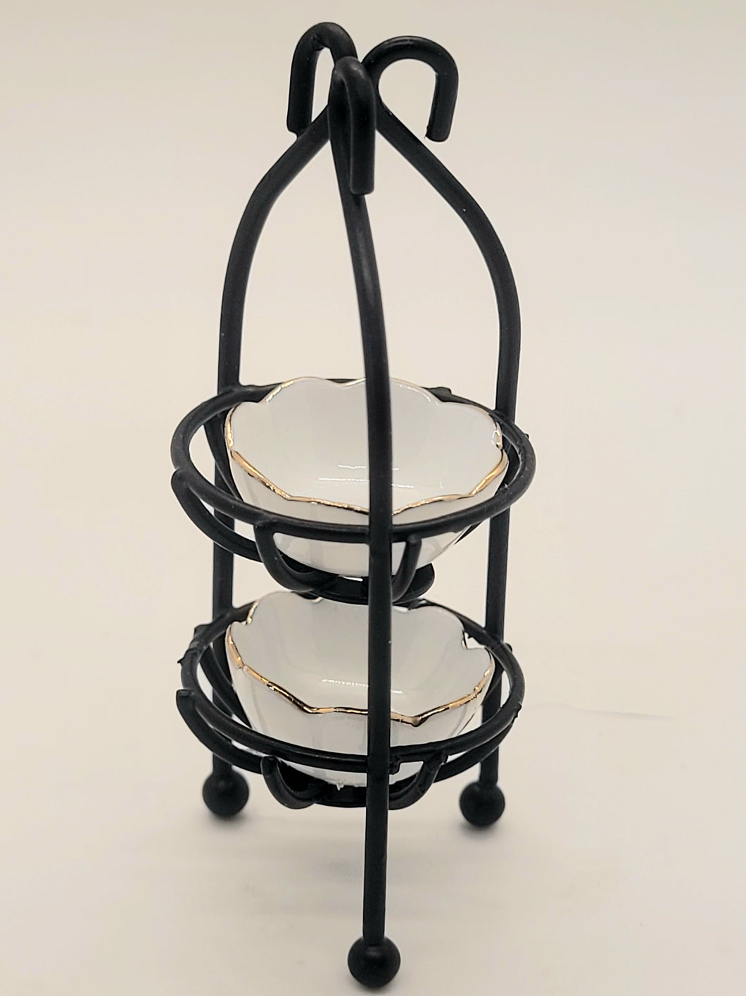 Dollhouse Miniature ~ 1:12 Scale, 2 Tier Bowl Holder with Gold-Trimmed Bowls, by Reutter Porcelain
