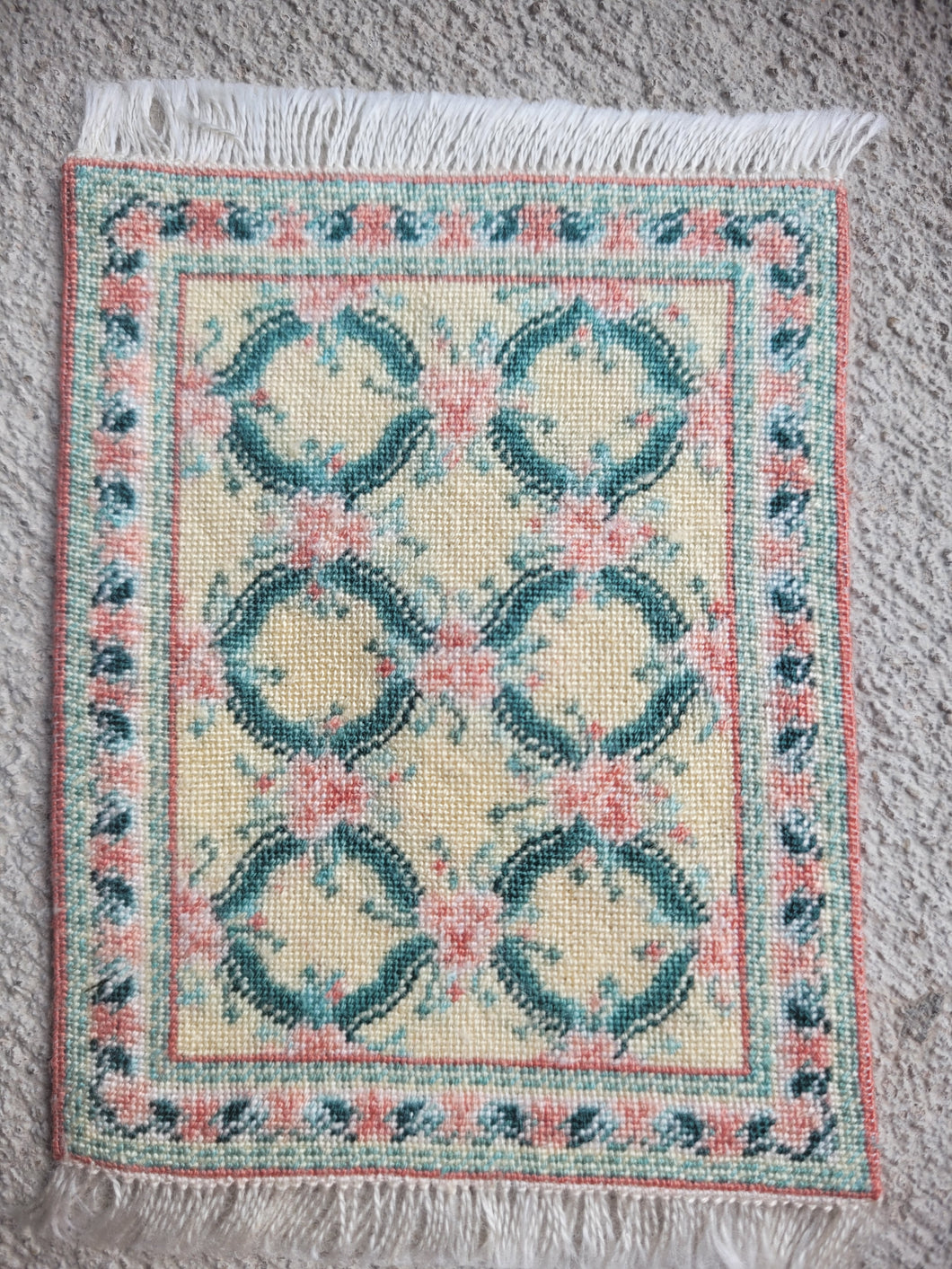 Dollhouse Miniature ~ Petit Point Baby Pink Roses with Round Designs Rug - Ursula Sauerberg