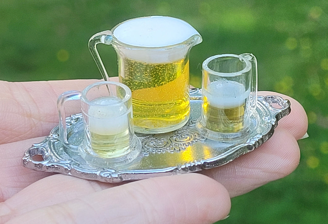 Beer Pitcher with Glass Steins on Metal Platter