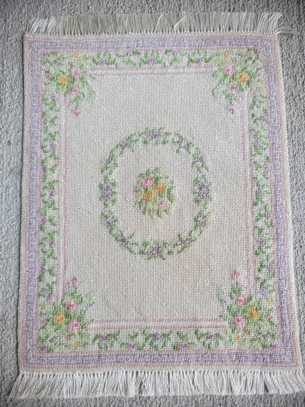 Dollhouse Miniature ~ Petit Point Floral Medallion Rug with Rococo-Style Frame - Ursula Sauerberg