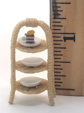 Load image into Gallery viewer, Dollhouse Miniature ~ 1:24 Scale, 3 Tier Wicker Display with Plates and 1 Dessert Cake
