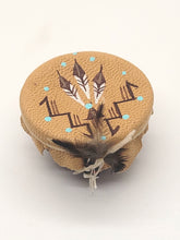 Load image into Gallery viewer, Dollhouse Miniature ~ 1:12 Scale, Painted Drum with Feathers &amp; Drumsticks with Leather Canvas
