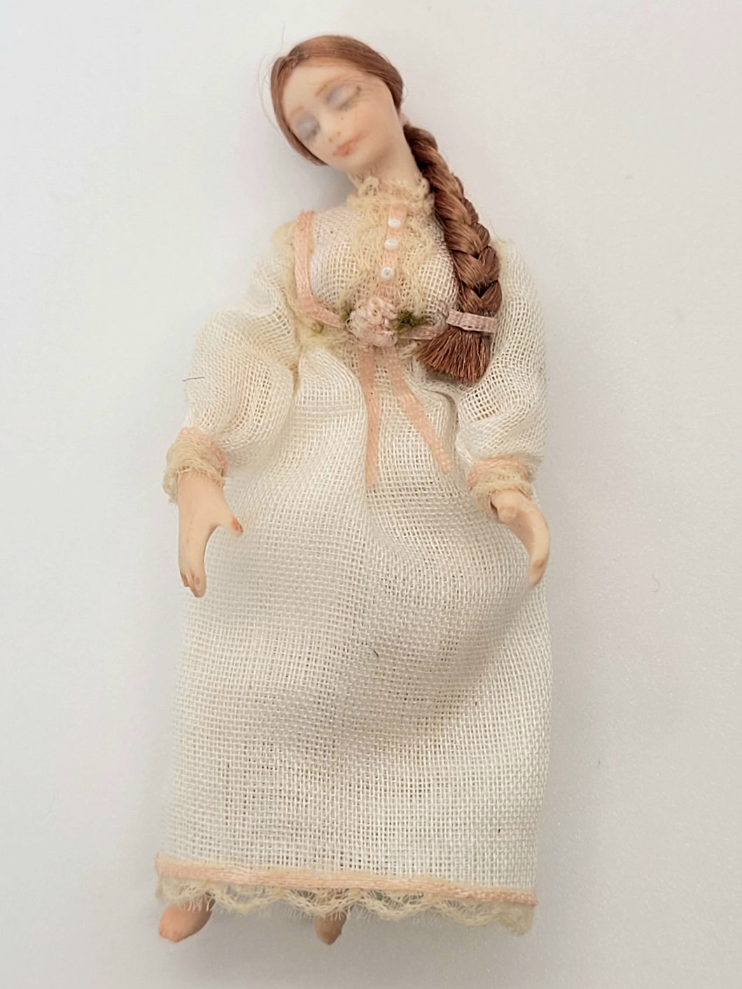 Handmade Doll with Braid and Linen Dress