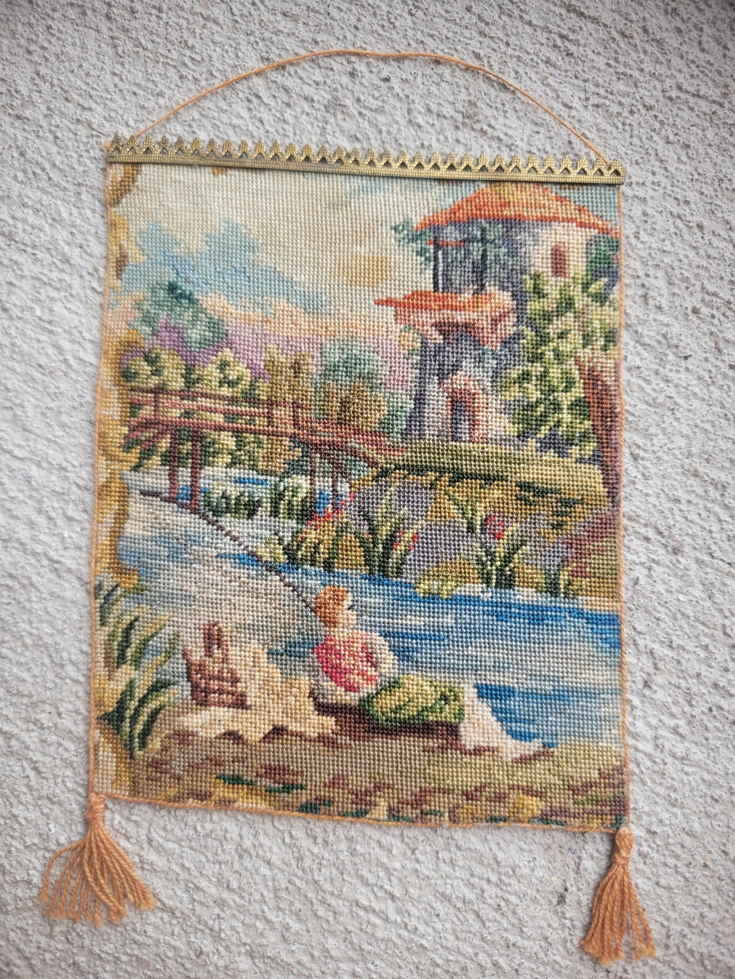 Dollhouse Miniature ~ Petit Point Hanging Tapestry Victorian Riverside Scene - Ursula Sauerberg