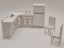 Load image into Gallery viewer, Dollhouse Miniature ~ 1:24 Scale, Handmade White Wooden Kitchen Set with 2 Chairs
