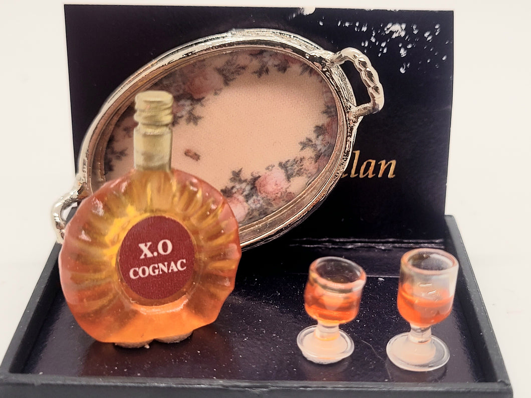 Dollhouse Miniature ~ Cognac with Filigree Tray and Brandy Glasses 1.620/5, Reutter Porcelain