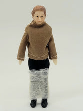Load image into Gallery viewer, Dollhouse Miniature ~ ½&quot; Scale, Male Doll with Tan Shirt and Black Dress Pants
