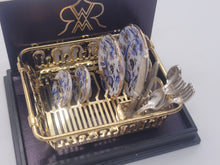 Load image into Gallery viewer, Dollhouse Miniature ~ 1:12 Scale, Blue Floral China Plate in Golden Drying Rack with Silverware
