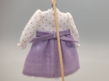 Load image into Gallery viewer, White and Pink Polka Dot Dress with Purple Bottom Half on Wooden Stand – by Cheryl Warder
