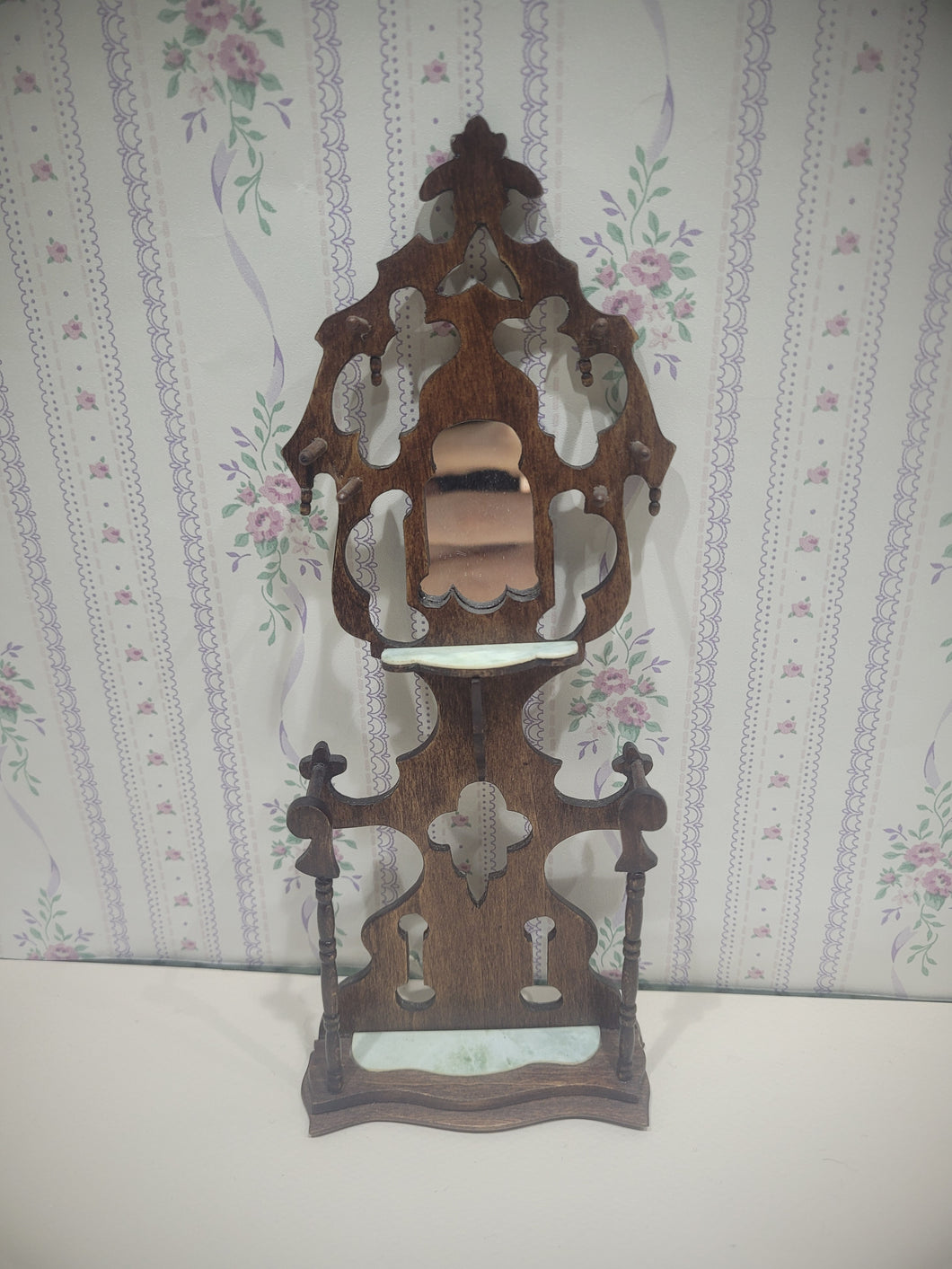 Ornate Wooden Hall Tree w/ Faux Marble Accent Vintage
