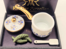 Load image into Gallery viewer, Dollhouse Miniature ~ 1:12 Scale, Blue Onion Pattern Pot with Cucumbers and Spatula, by Reutter Porcelain
