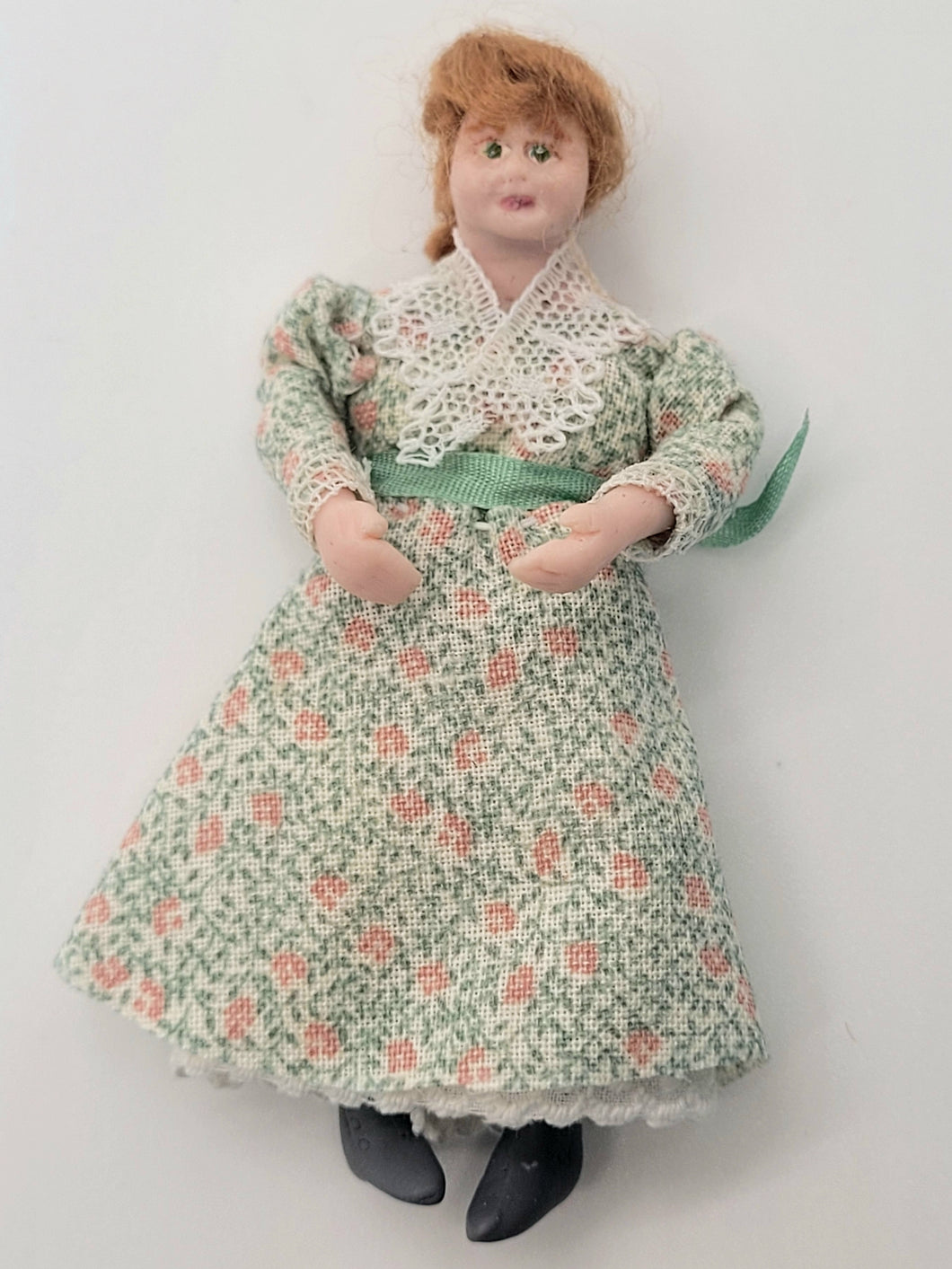 Handmade Young Woman Doll in Green Floral Dress