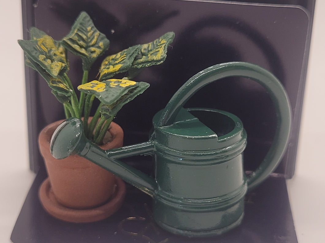 Dollhouse Miniature ~ Plant and Green Watering Can by Reutter Porcelain