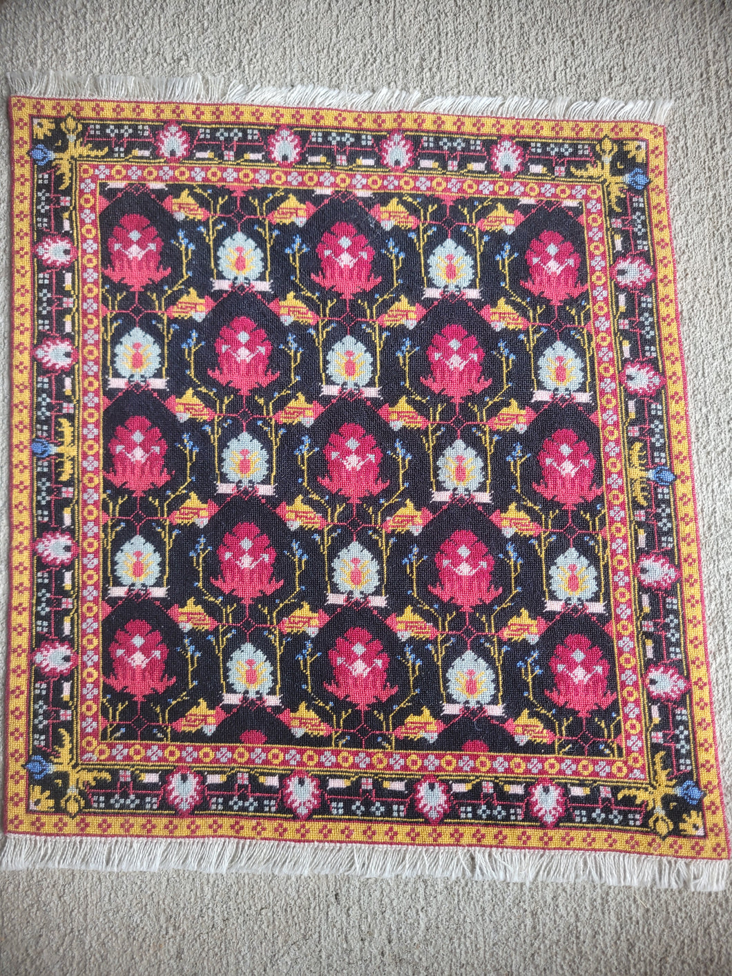Dollhouse Miniature ~ Petit Point Purple and White Floral Pattern Rug - Ursula Sauerberg