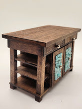 Load image into Gallery viewer, Dollhouse Miniature ~ 1:12 Scale, 3pc Living Room Set with Turquoise Decorated Credenza, Chair, and Baja-Style Rug
