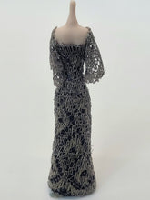 Load image into Gallery viewer, Handmade Black and Silver Dress on Porcelain Mannequin
