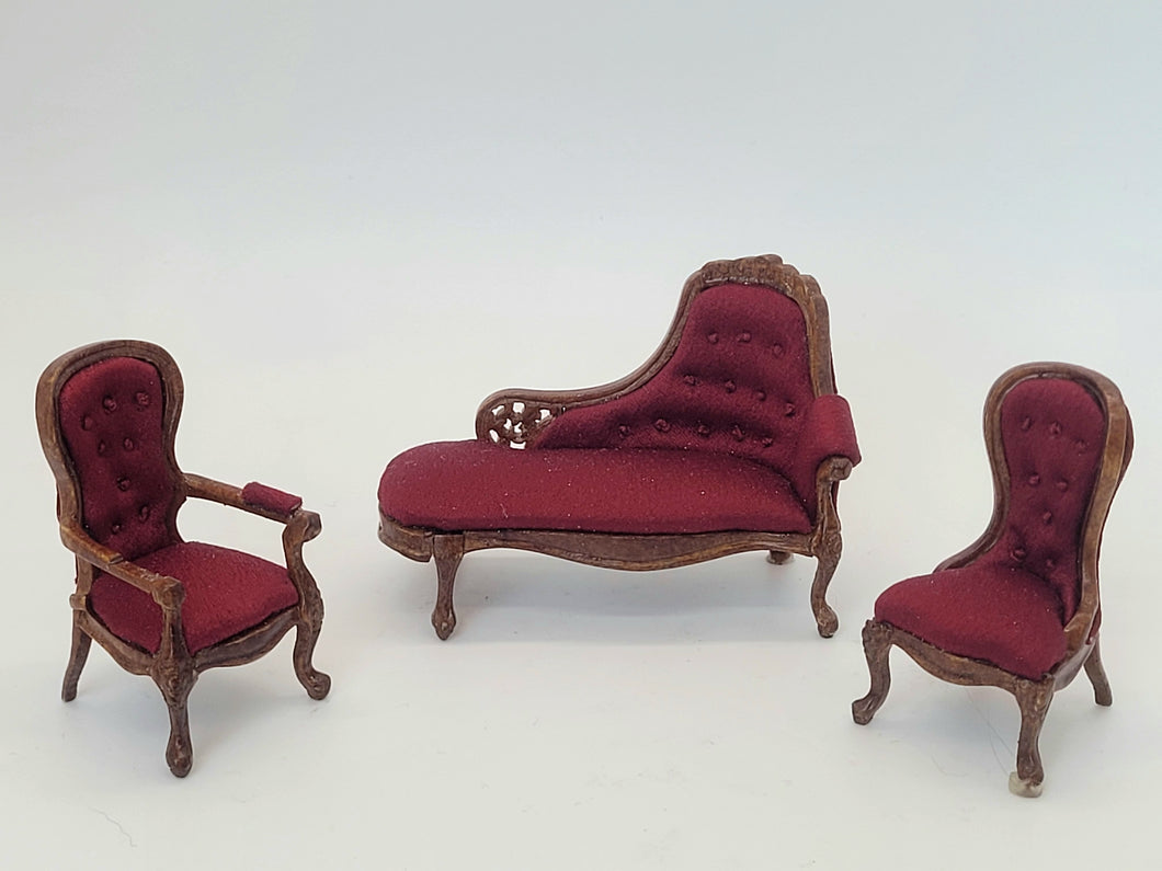Handmade Regal Red Fainting Couch and 2 Chairs
