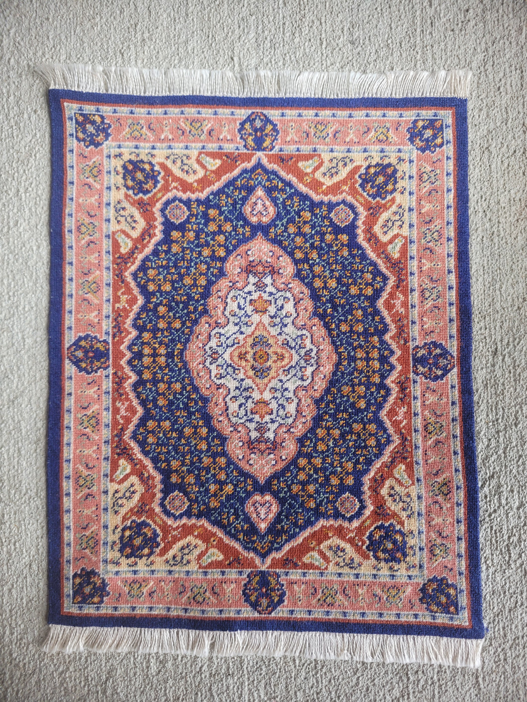 Dollhouse Miniature ~ Petit Point Oriental Medallion Rug with Blue and Pink Accents - Ursula Sauerberg