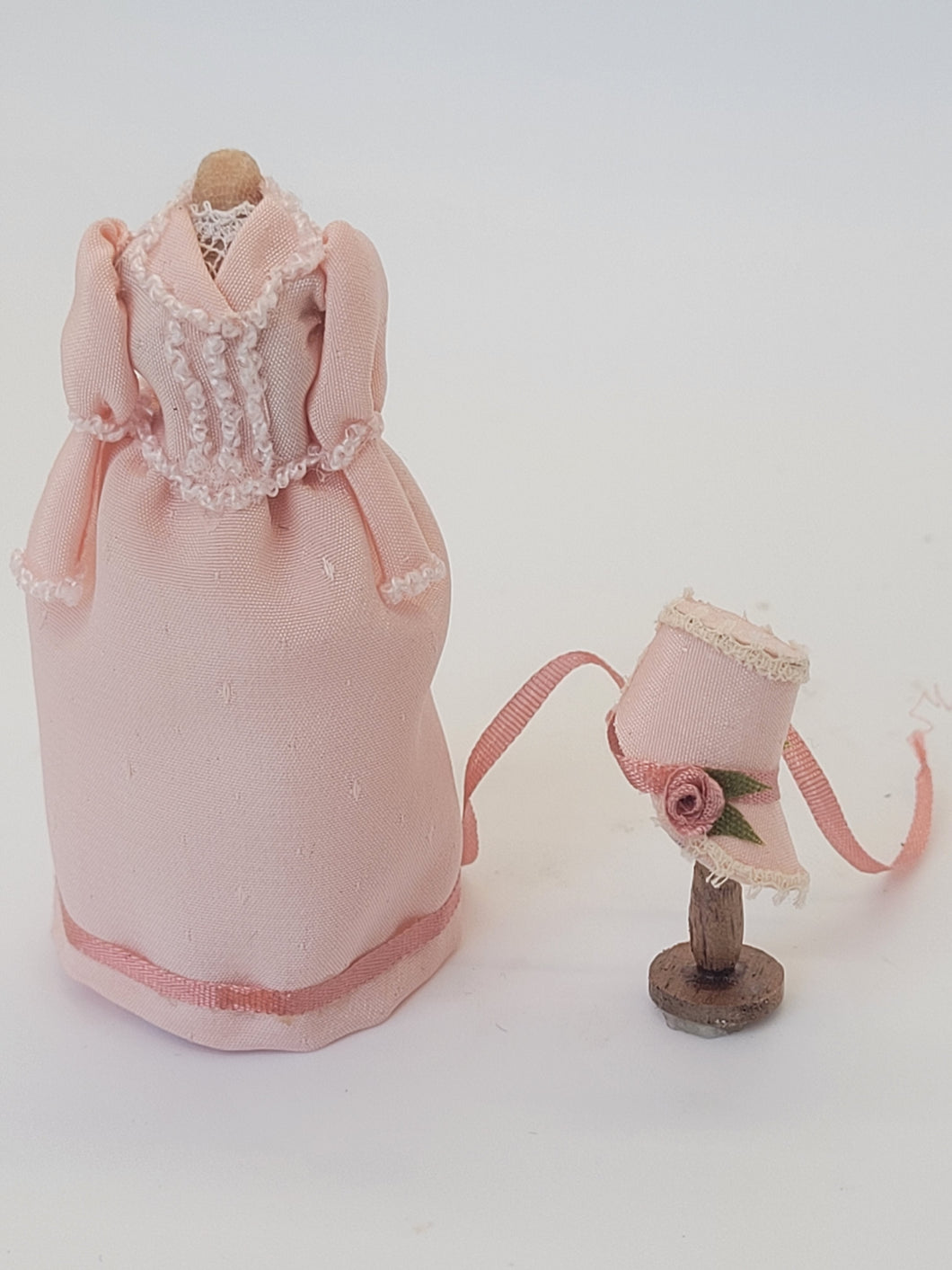 Handmade Baby Pink Dress & Matching Hat on Wooden Stand