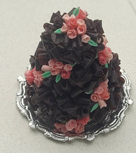 Load image into Gallery viewer, Chocolate Cake with Pink Icing Roses on Metal Tray
