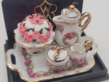 Load image into Gallery viewer, Dollhouse Miniature ~ 1:12 Scale, Rose Cake with Rose-Themed Tea Set, Gold Trim by Reutter Porcelain
