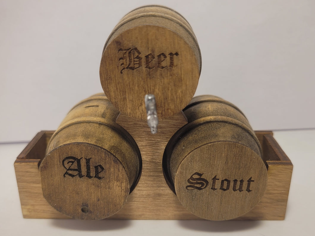 Triple Beer Barrel on Wood Display Stand