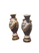 Load image into Gallery viewer, Ron Benson - Pair of Navy Blue Vases w/ Gold Accents and Handpainted Flowers
