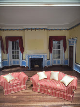 Load image into Gallery viewer, 2pc Red Striped Living Room Set, Couch &amp; Chair w/ Pillows
