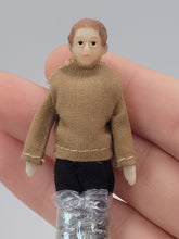 Load image into Gallery viewer, Dollhouse Miniature ~ ½&quot; Scale, Male Doll with Tan Shirt and Black Dress Pants
