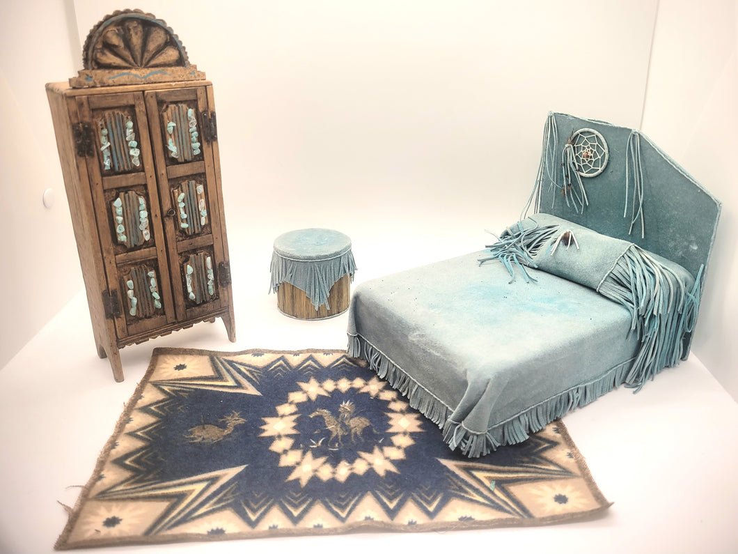 Dollhouse Miniature ~ 1:12 Scale, 4pc Southwest Bedroom Set - Bed, Rug, Dresser, Table