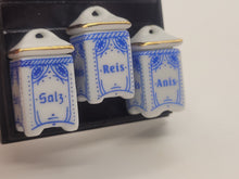 Load image into Gallery viewer, Dollhouse Miniature ~ 3 Storage Containers for Rice, Salt, and Anise
