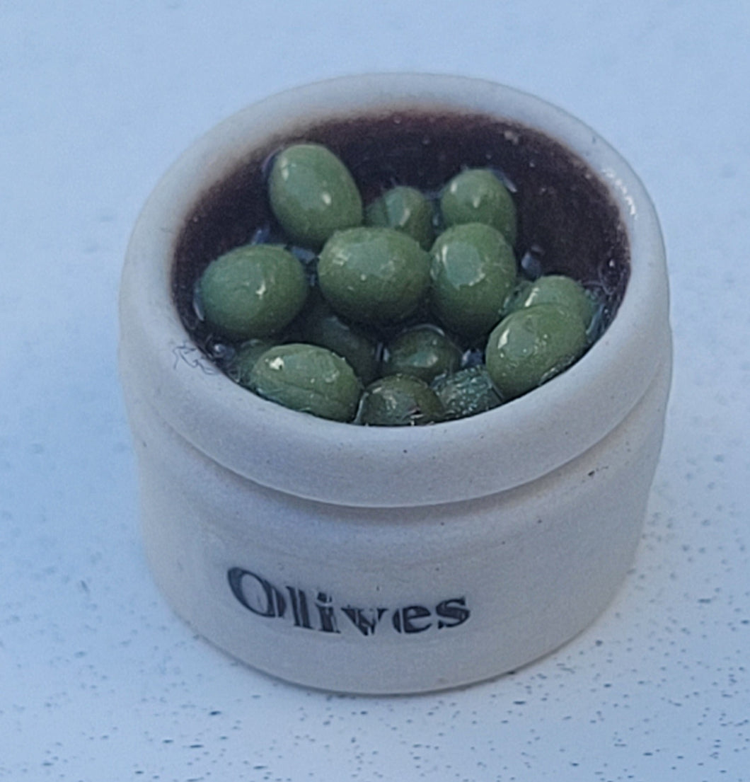 Green Olives in Small Crock with Label