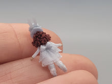 Load image into Gallery viewer, ¾&quot; Brunette Doll in Light Grey Dress and Fancy Hat – by Cheryl Warder
