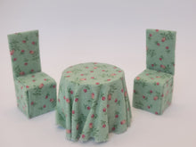 Load image into Gallery viewer, Dollhouse Miniature ~ 1:24 Scale, Teal Floral Fabric Table and Chair 3pc Set
