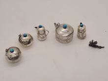 Load image into Gallery viewer, Dollhouse Miniature ~ 1:12 Scale, 6pc Sterling Silver w/ Mexican Turquoise Detailing Set + Silver Cowboy Statue
